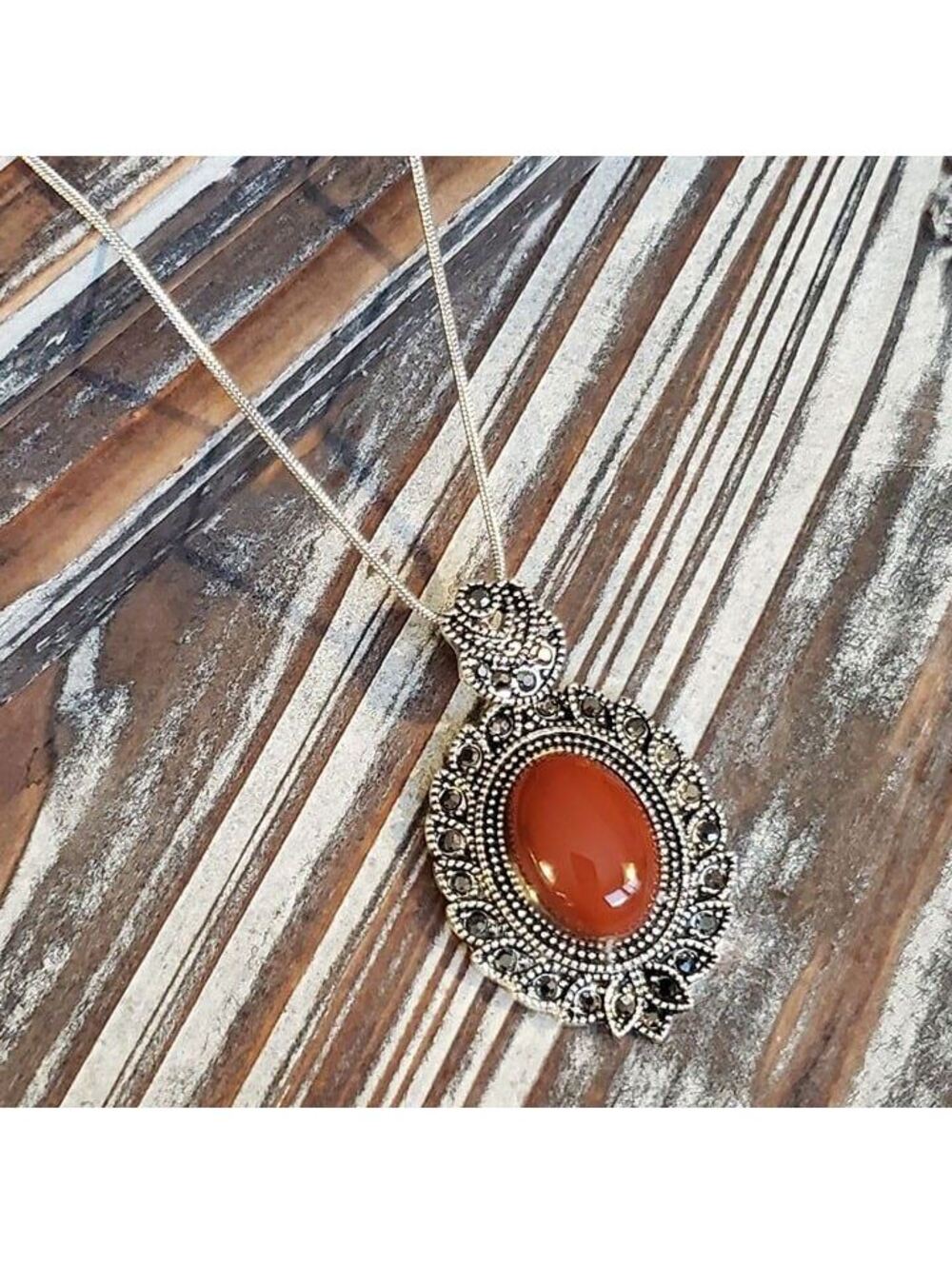Red Carnelian Gemstone Victorian Necklace Silver Chain - Picture 3 of 4